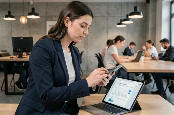 Jeune femme accédant à son espace Arkevia via smartphone dans un espace de coworking moderne