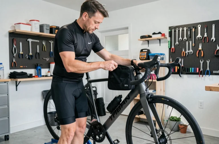 Cycliste installant un sac de guidon ergonomique sur un vélo Triban RC 120 dans un garage équipé