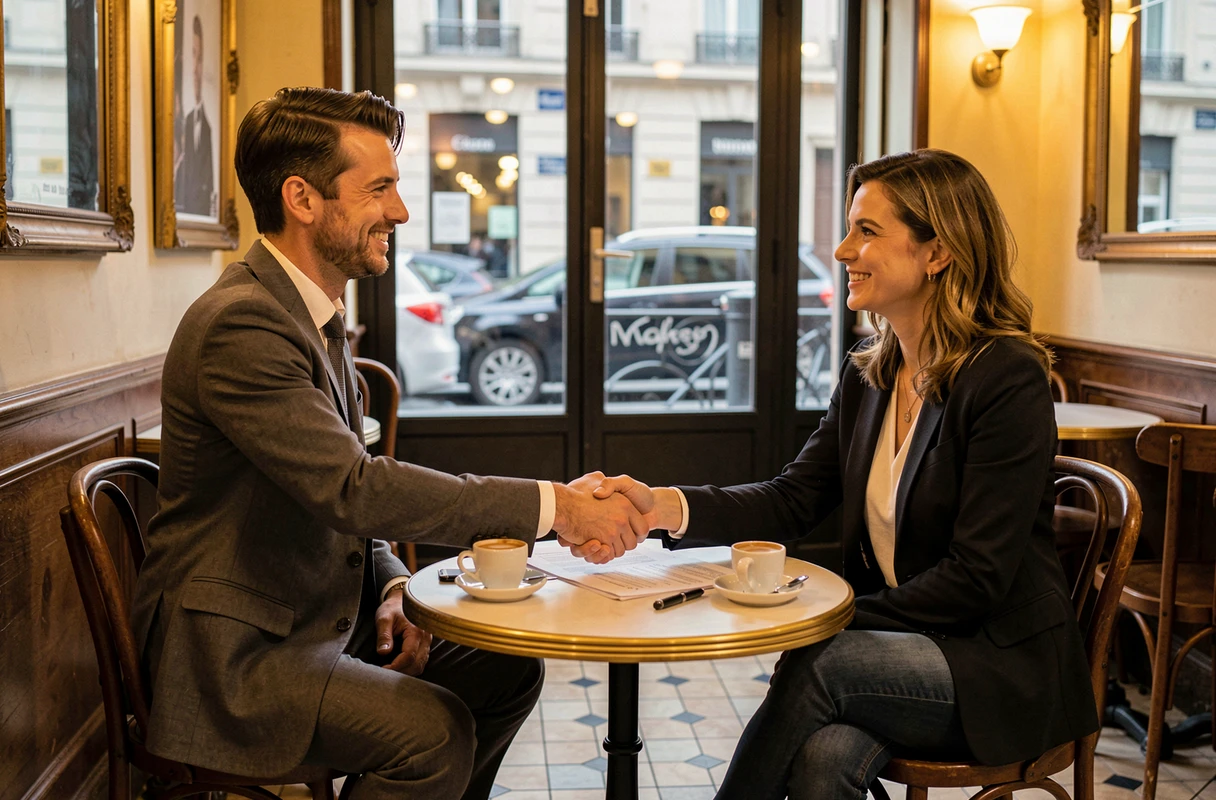 Deux entrepreneurs français signant un accord commercial dans un café parisien typique