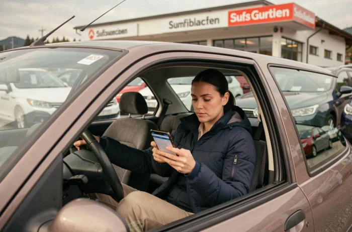Femme vérifiant l'état d'une voiture d'occasion dans un garage automobile suisse