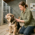 Femme adoptant un chien dans un refuge animalier, moment de connexion émouvant entre humain et animal