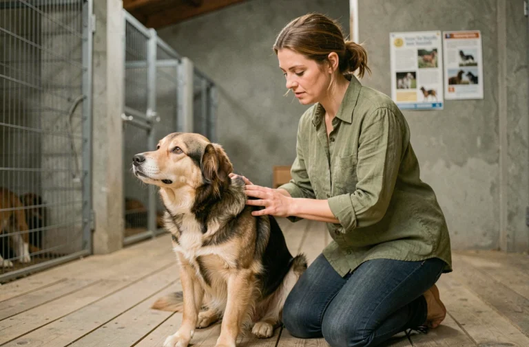 Femme adoptant un chien dans un refuge animalier, moment de connexion émouvant entre humain et animal