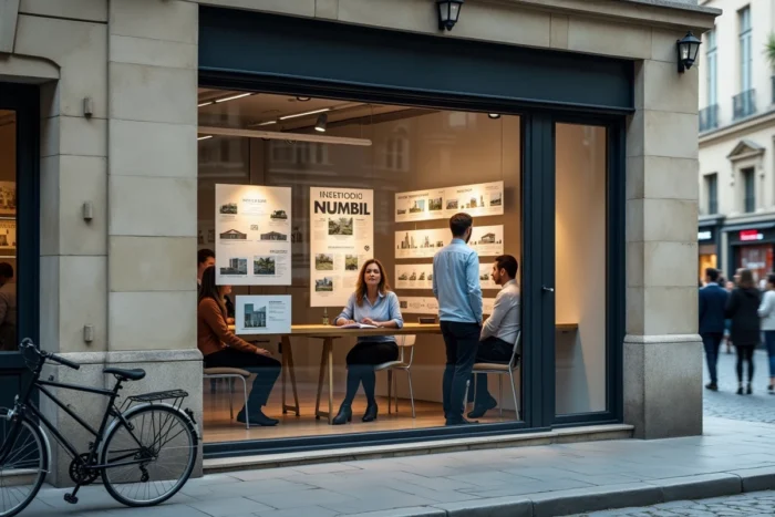 Vitrine d'agence immobilière présentant des offres de SCPI fiscales en centre-ville