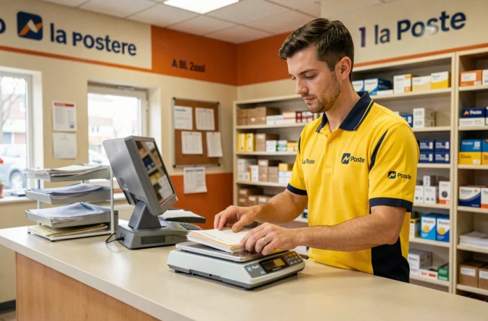 Agent postal pesant des enveloppes sur une balance dans un bureau de poste français pour calculer les tarifs d'affranchissement