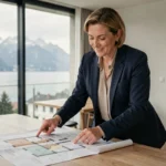 Agent immobilière suisse présentant des plans d'appartement dans un bien avec vue sur le lac à Genève