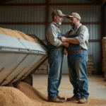 Agriculteur utilisant un trieur séparateur de grains dans un entrepôt agricole pour optimiser la récolte