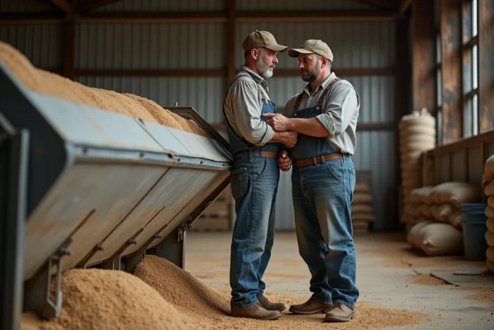 Agriculteur utilisant un trieur séparateur de grains dans un entrepôt agricole pour optimiser la récolte