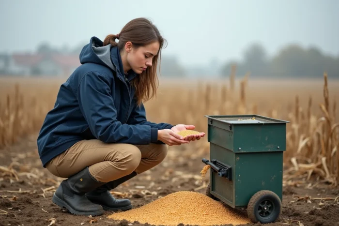 Agronome inspectant des grains de maïs triés par un séparateur portable au bord d'un champ après la récolte
