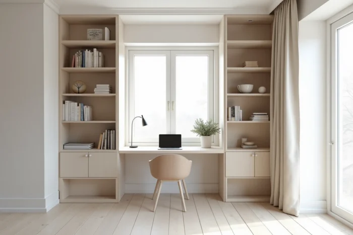 Alcôve bureau fermée par un rideau en lin beige sur rail plafond avec étagères intégrées et bureau sur mesure