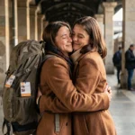 Deux amies s'étreignant avec émotion sur un quai de gare lors d'un départ en voyage