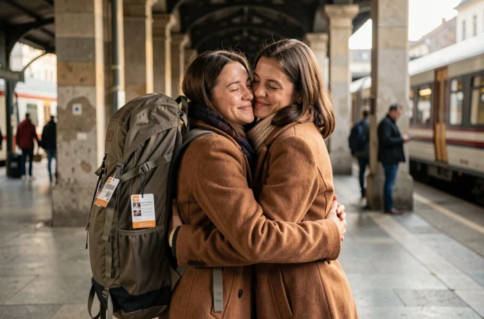 Deux amies s'étreignant avec émotion sur un quai de gare lors d'un départ en voyage