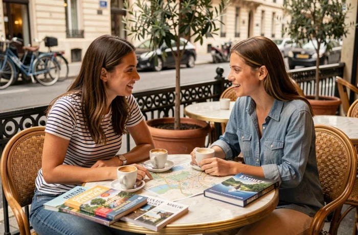 Deux amies planifiant un voyage ensemble à la terrasse d'un café parisien avec cartes et guides