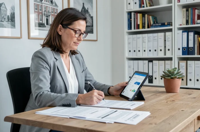 Femme propriétaire analysant des documents d'assurance habitation et son investissement immobilier dans un bureau à domicile