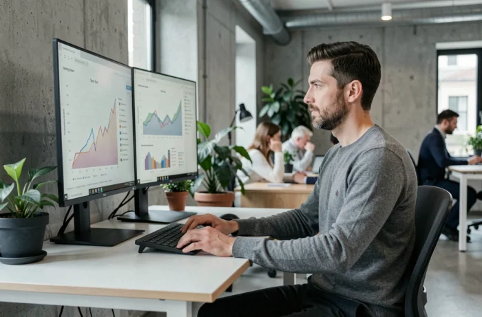 Analyste immobilier suisse étudiant les tendances du marché sur ordinateur dans un espace de coworking à Lausanne