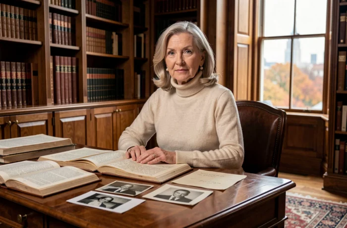 Femme élégante dans une bibliothèque privée entourée de documents historiques évoquant l'histoire d'Annaliese Witschak