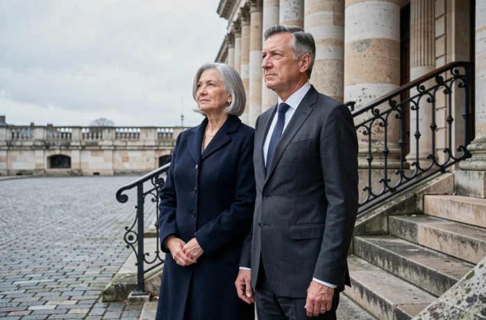 Couple élégant devant un bâtiment néoclassique européen illustrant le parcours d'Annaliese Witschak et George Soros