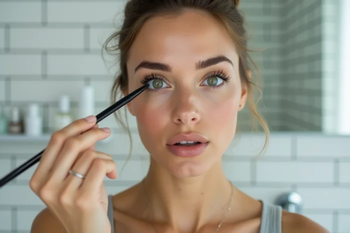 Femme appliquant un eye-liner fin près des cils dans une salle de bain moderne et minimaliste