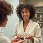 Femme appliquant de la pommade capillaire Vermogal sur ses cheveux bouclés devant un miroir de salle de bain