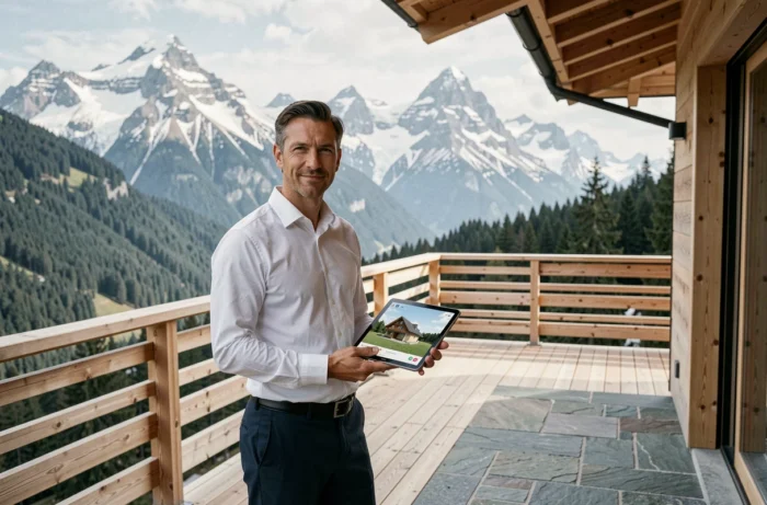 Architecte suisse présentant un projet immobilier alpin sur une terrasse en montagne