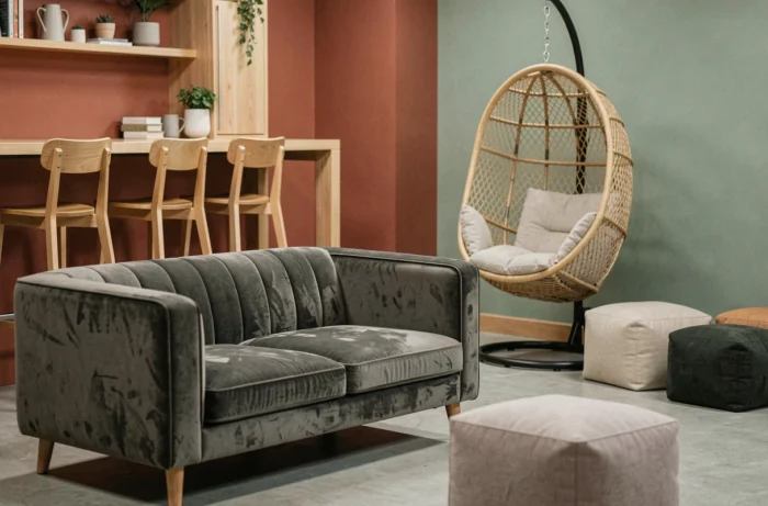 Assises variées dans une salle de pause avec canapé, tabourets de bar, chaise suspendue et coussins au sol