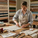 Femme mesurant du tissu sur une grande table de coupe dans un atelier de couture à domicile bien équipé