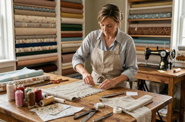 Femme mesurant du tissu sur une grande table de coupe dans un atelier de couture à domicile bien équipé