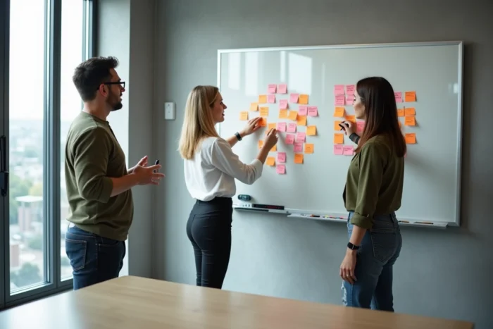 Un groupe de salariés en reconversion professionnelle collaborent autour d'un tableau blanc dans une salle de formation, organisant leur plan de transition de carrière avec des post-it