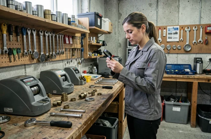 Serrurier femme examinant un cylindre de serrure européen dans un atelier professionnel équipé