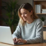 Femme rédigeant un avis client sur LaCentrale-Eco depuis son bureau à domicile