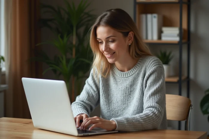 Femme rédigeant un avis client sur LaCentrale-Eco depuis son bureau à domicile