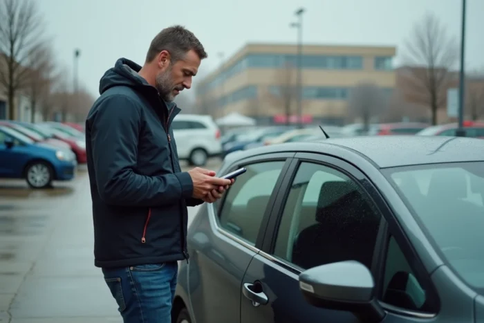 Homme consultant les avis LaCentrale-Eco sur smartphone dans un parking de voitures d'occasion