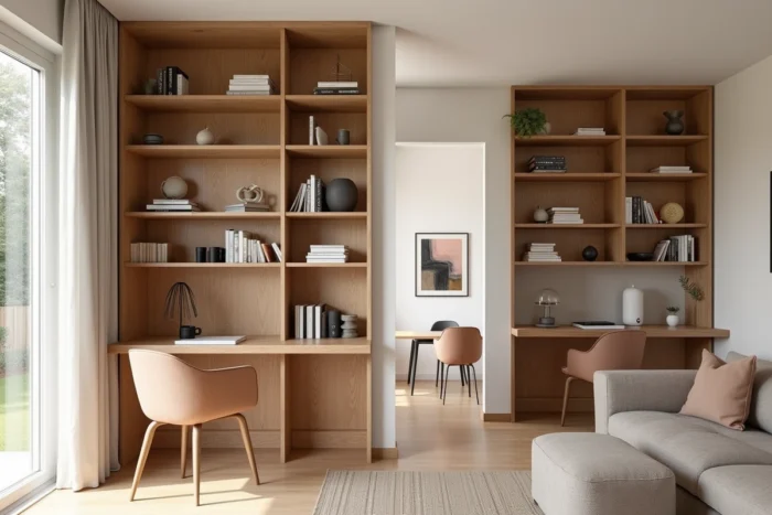 Bibliothèque cloison en chêne naturel séparant un salon d'un espace bureau dans un intérieur lumineux