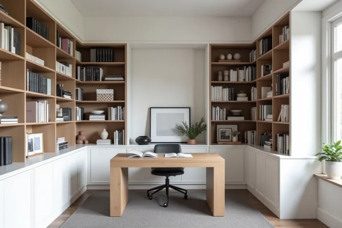 Bibliothèque murale en U entourant un bureau central avec étagères blanches et bureau en chêne massif