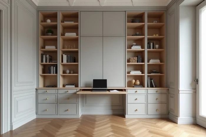 Bibliothèque sur mesure avec tablette de bureau rabattable intégrée dans la structure d'une bibliothèque en appartement parisien