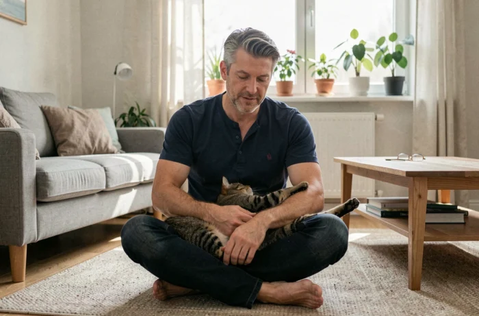 Homme avec son chat adopté dans un appartement cosy, bien-être animal et lien affectif au quotidien
