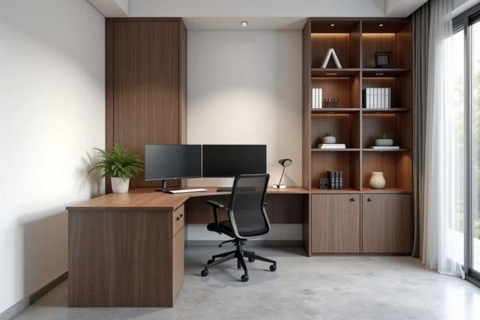 Bureau en angle en L avec bibliothèque en retour intégrée dans un bureau moderne aux murs blancs