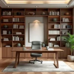 Vue d'ensemble d'un bureau bibliothèque élégant avec étagères intégrées, bureau en bois et parquet en chevrons