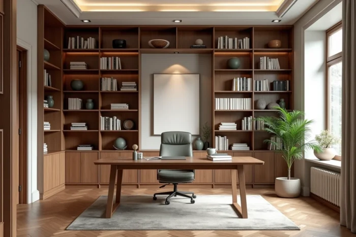 Vue d'ensemble d'un bureau bibliothèque élégant avec étagères intégrées, bureau en bois et parquet en chevrons
