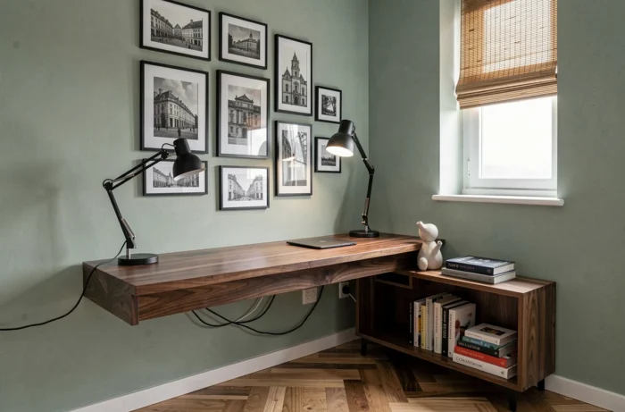 Bureau à domicile moderne avec bureau en noyer, mur galerie et étagère de livres décorée
