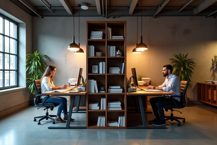 Bureau dos à dos avec bibliothèque partagée centrale dans un loft industriel avec poutres en acier apparentes