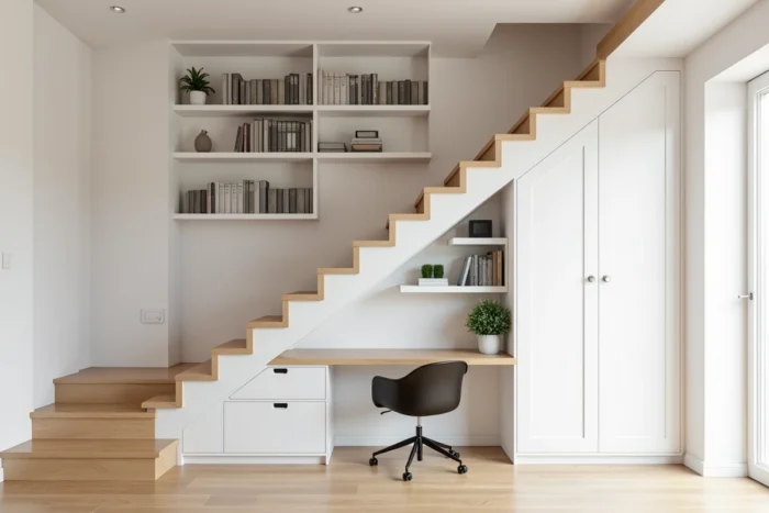 Bureau intégré sous un escalier en chêne avec étagères latérales sur mesure suivant la géométrie des marches