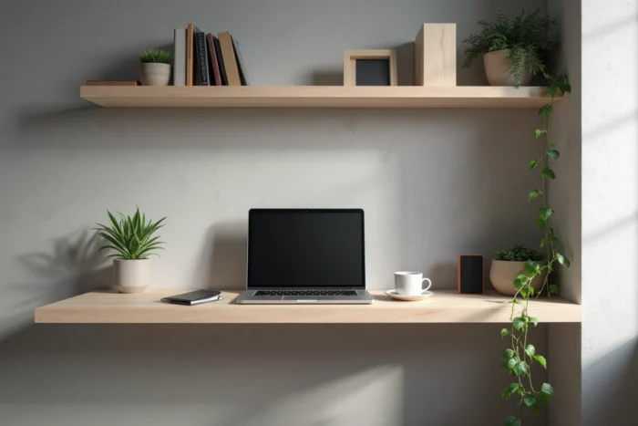 Bureau suspendu fixé sous une étagère flottante en bois dans un appartement contemporain au mur en béton
