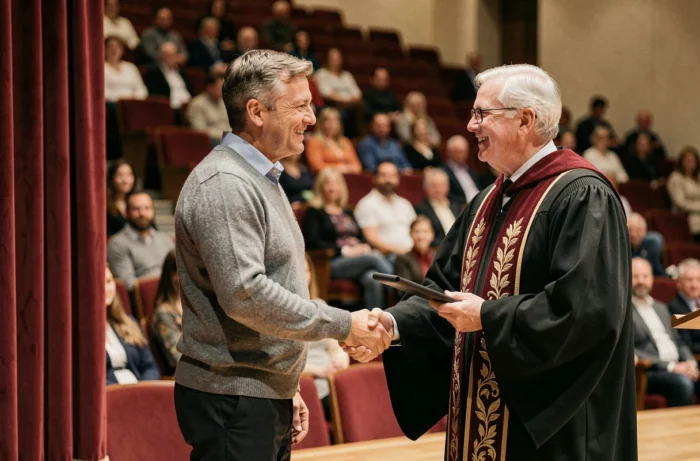 Remise officielle de diplôme reconnu lors d'une cérémonie de remise des titres en amphithéâtre