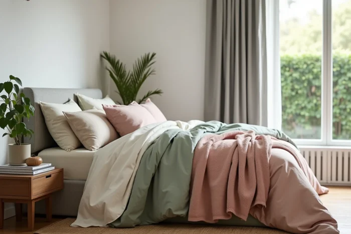 Chambre cocooning avec literie en lin superposée, plantes vertes et diffuseur pour une atmosphère apaisante et chaleureuse