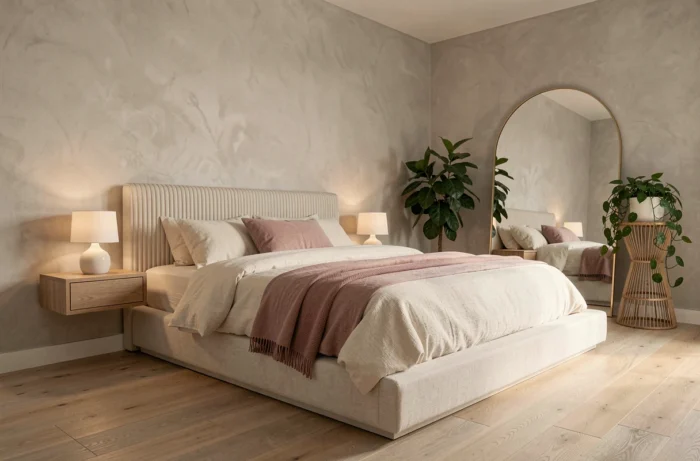 Chambre contemporaine avec tête de lit cannelée en lin, parquet chêne et miroir arqué en laiton