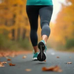 Femme en train de courir sur un sentier en asphalte, montrant la pronation du pied à travers l'angle de la cheville lors de l'impact au sol