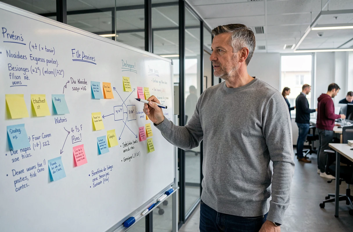 Chef d'entreprise présentant sa stratégie commerciale sur un tableau blanc dans un bureau de startup en France