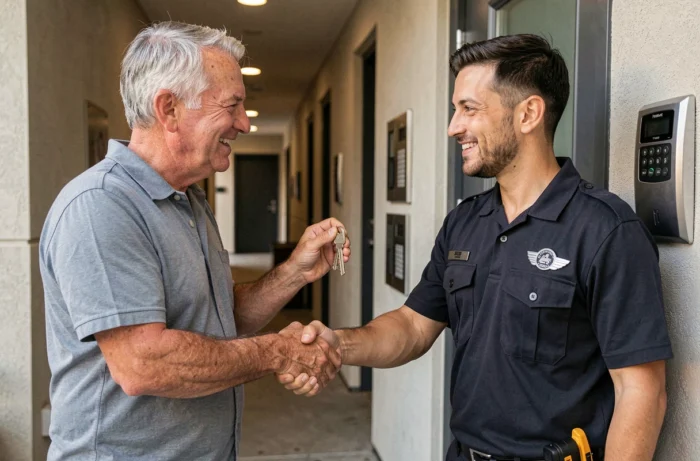 Client satisfait serrant la main d'un serrurier après une intervention réussie sur une porte d'appartement