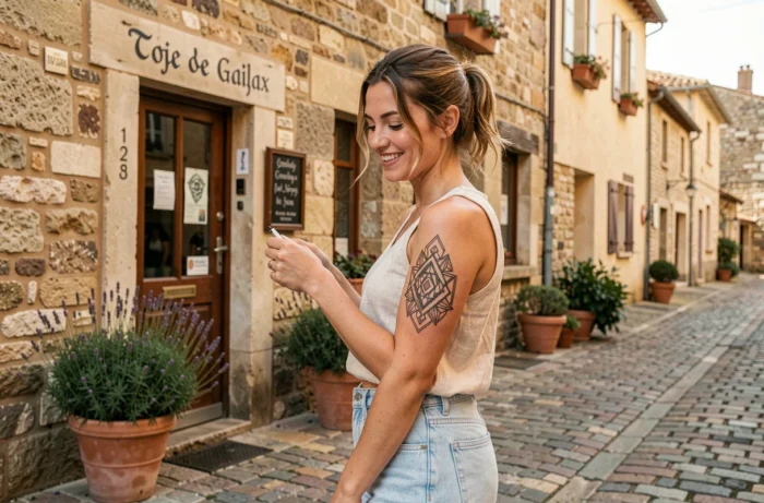 Jeune femme satisfaite montrant son nouveau tatouage géométrique devant un salon de tatouage à Gaillac