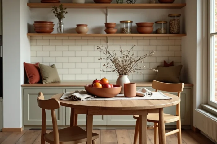 Coin cuisine chaleureux avec table en chêne, céramiques artisanales et végétaux séchés pour une déco cocon authentique
